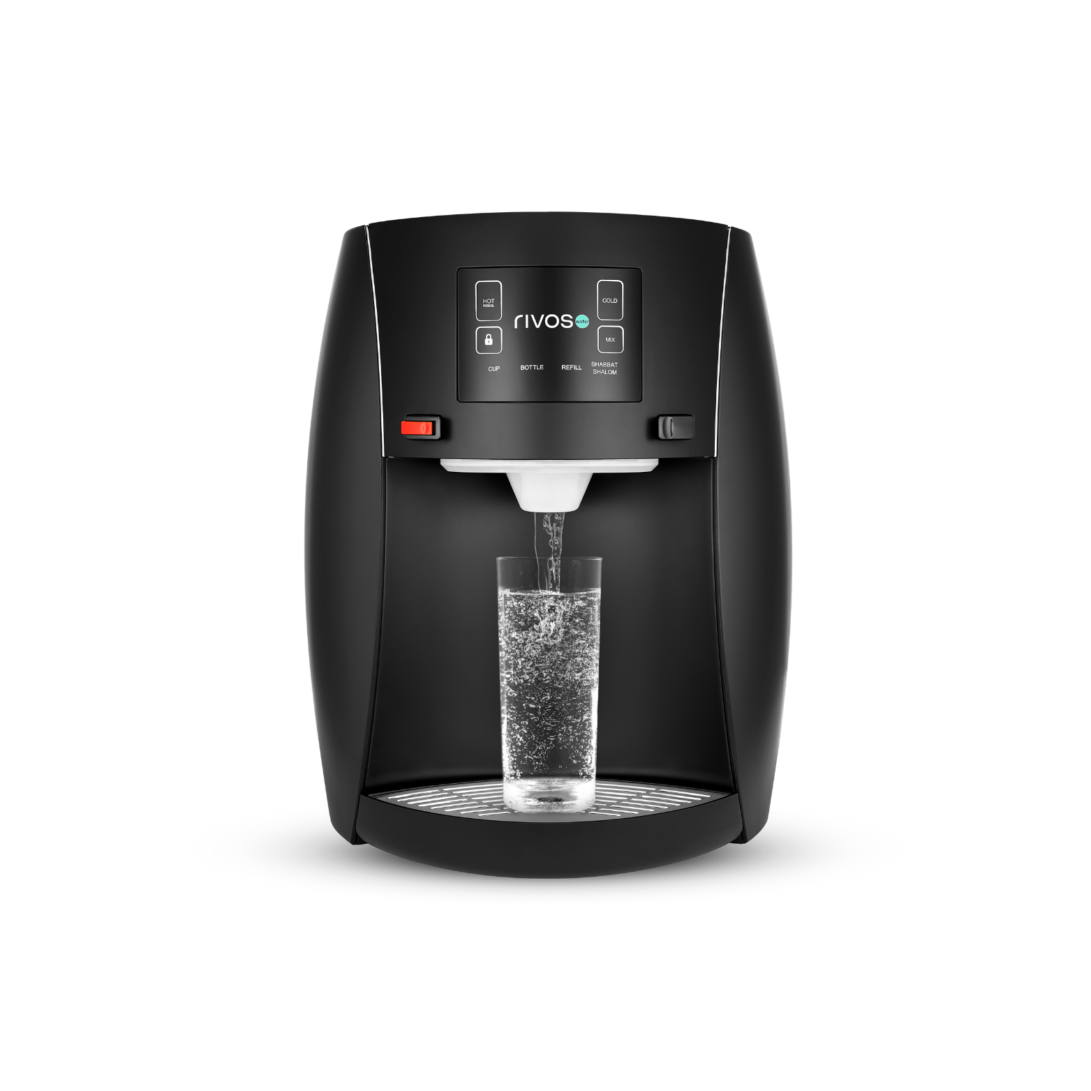 Black water dispenser with Shabbat mode pouring water into a glass on a white background